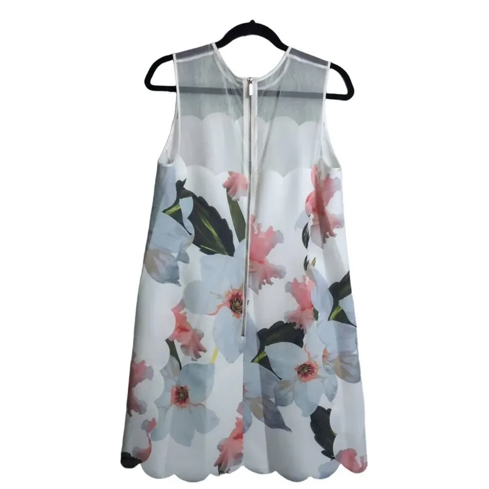 TED BAKER Caprila Bloom Scalloped Dress White Pink Blue Floral A Line Shift 4 (U - Picture 3 of 10